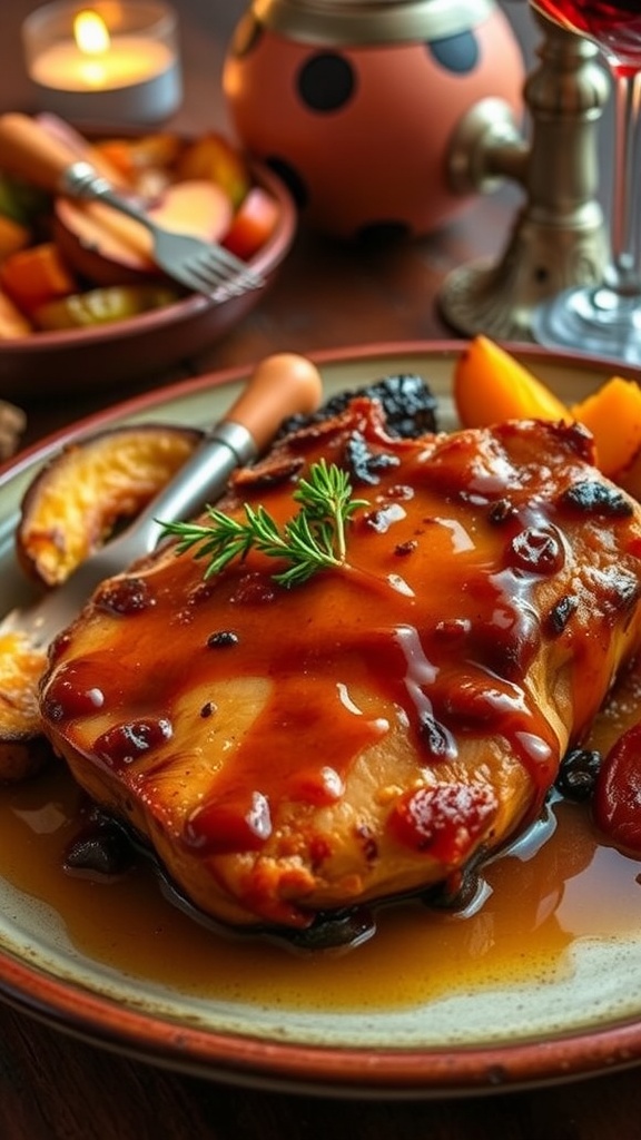 Peach glazed pork chop on a plate with roasted vegetables and thyme garnish.